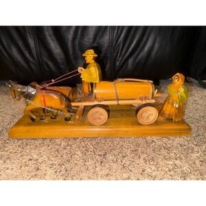 Vintage Folk Art Wood Carved Horse Cart Farmer Barrel Wooden Sculpture Decor